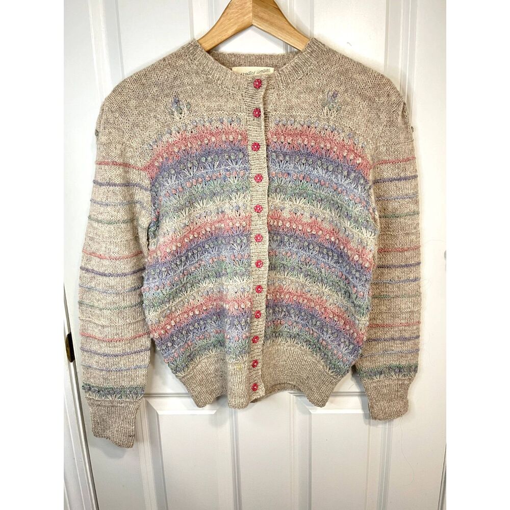 Hand Knitted Woollies Lynda Usher Floral Knit Multicolor Wool Sweater Scotland